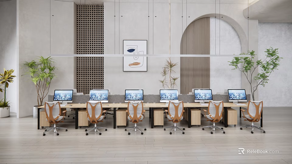 Modern Office Workspace With Multiple Office Desks Computers Ergonomic Chairs Plants And Decorative Wall Art 3d model 