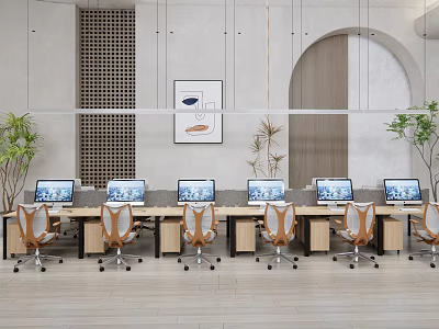 Modern Office Workspace With Multiple Office Desks Computers Ergonomic Chairs Plants And Decorative Wall Art 3d model