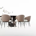 Elegant Modern Round Dining Table Set With Marble Tabletop And Brown Rattan Chairs 3d model