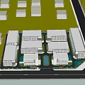 Modern Industrial Factory With Two Symmetric Buildings Central Water Pond Greenery And Pathway