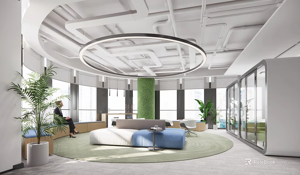 Modern Lounge Area Interior Design With Circular Pendant Light Green Plants Sofa And Round Rug 3d model 