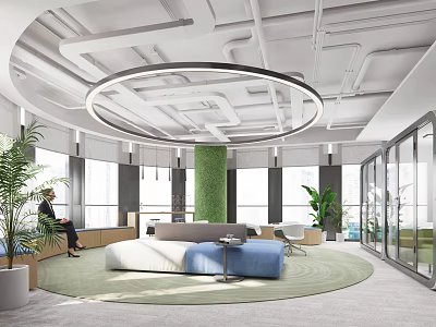 Modern Lounge Area Interior Design With Circular Pendant Light Green Plants Sofa And Round Rug 3d model