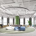 Modern Lounge Area Interior Design With Circular Pendant Light Green Plants Sofa And Round Rug
