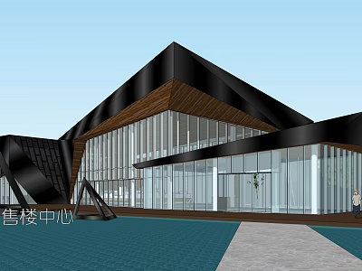 Modern Sales Center Building With Glass Curtain Wall Geometric Roof And Water Feature 3d model