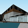 Modern Sales Center Building With Glass Curtain Wall Geometric Roof And Water Feature
