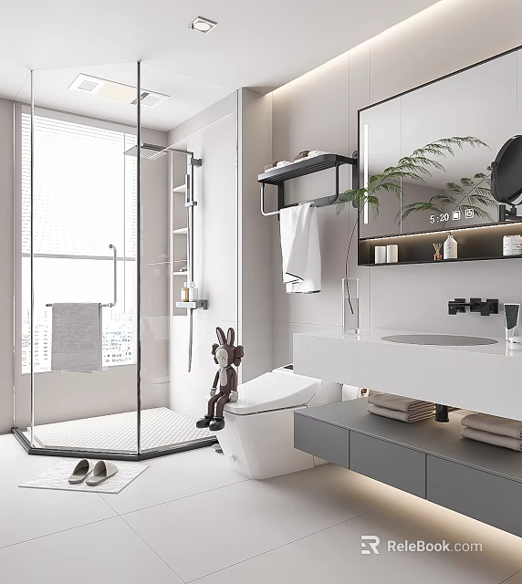 Modern Bathroom Interior Design With Glass Shower White Vanity Mirror And Green Plant 3d model 