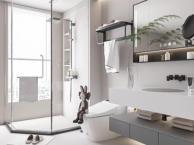 Modern Bathroom Interior Design With Glass Shower White Vanity Mirror And Green Plant 3d model