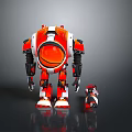 Large Red And White Robot With Small Companion Standing On Reflective Dark Surface 3d model