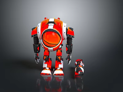 Large Red And White Robot With Small Companion Standing On Reflective Dark Surface 3d model