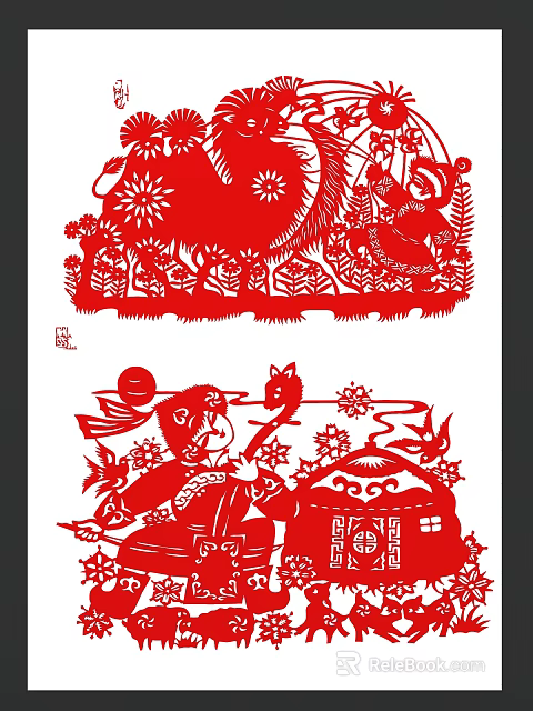 Traditional Red Paper Cut Wall Decor with Classic Folk Figures Animals Flowers and Architecture 3d model 