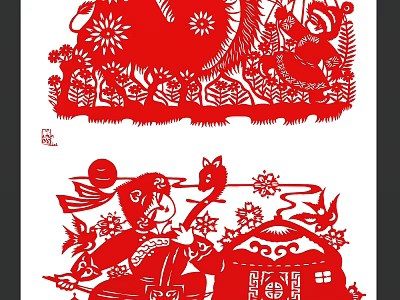 Traditional Red Paper Cut Wall Decor with Classic Folk Figures Animals Flowers and Architecture 3d model