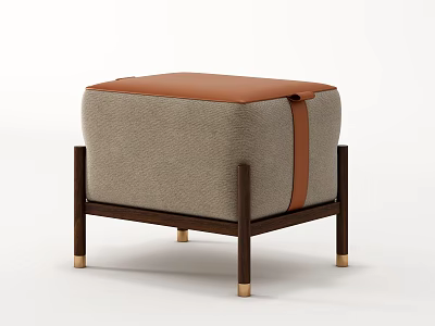 Modern Gray Fabric Stool With Brown Leather Strap Wooden Legs And Metal Feet 3d model