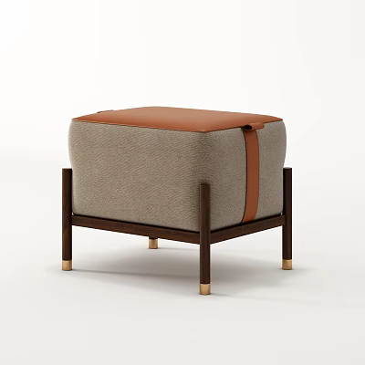 Modern Gray Fabric Stool With Brown Leather Strap Wooden Legs And Metal Feet 3d model