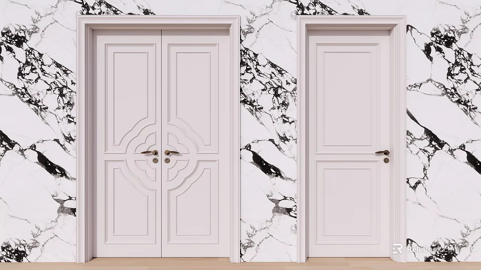 White Swing Doors With Decorative Panel Designs Single And Double Against Marble Wall 3d model