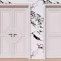 White Swing Doors With Decorative Panel Designs Single And Double Against Marble Wall 3d model