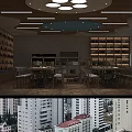 Spacious Reading Room Interior With Built in Bookshelves Wooden Tables And Chairs