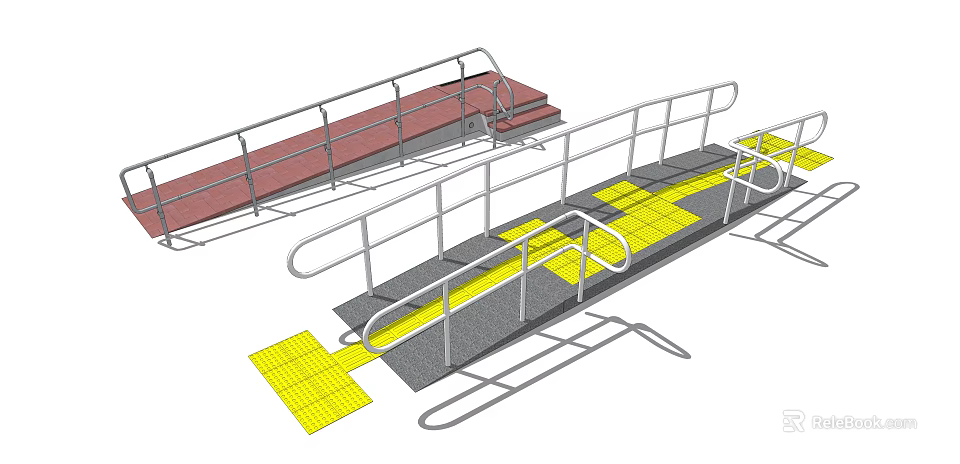 Road Facilities Featuring Accessible Ramps With Metal Handrails And Yellow Red Surfaces 3d model 