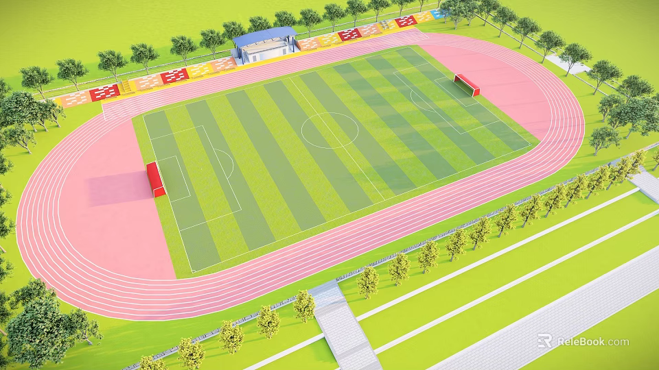 Football Field with Green Grass Running Track Spectator Stands and Surrounded by Trees 3d model 