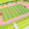 Football Field with Green Grass Running Track Spectator Stands and Surrounded by Trees
