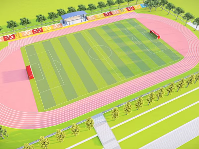 Football Field with Green Grass Running Track Spectator Stands and Surrounded by Trees 3d model