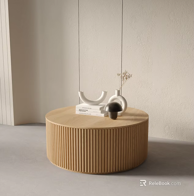 Round Wooden Coffee Table With White Curved Decor And Dried Flowers On Gray Floor 3d model 