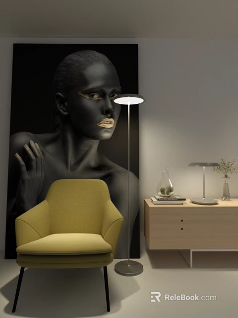 Yellow Single Sofa with Floor Lamp Wooden Cabinet and Black Portrait Wall Art 3d model 
