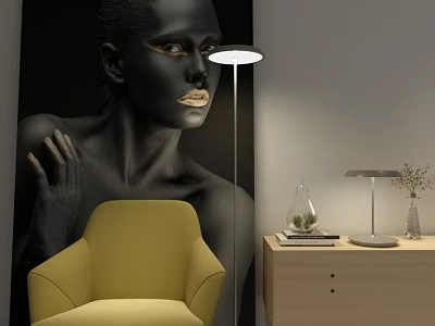 Yellow Single Sofa with Floor Lamp Wooden Cabinet and Black Portrait Wall Art 3d model