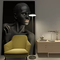 Yellow Single Sofa with Floor Lamp Wooden Cabinet and Black Portrait Wall Art