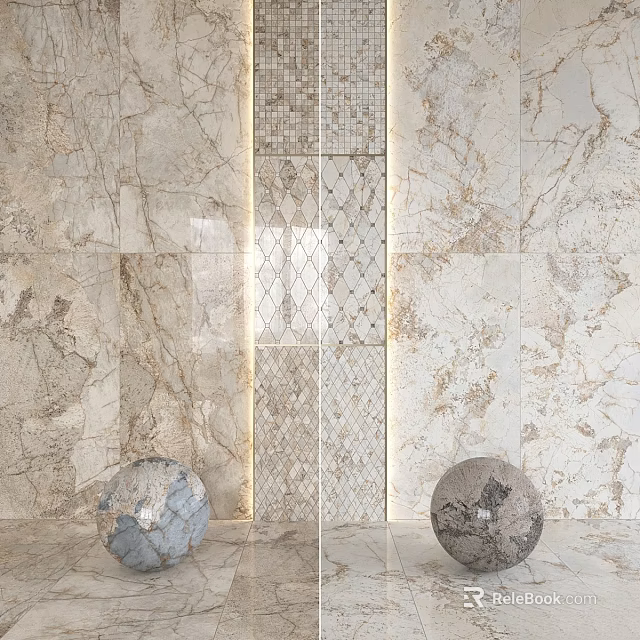 Marble Interior Wall With Central Decorative Component Featuring Diamond Pattern And Spherical Ornaments 3d model