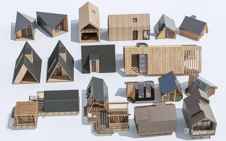 Diverse Architectural Models of Guesthouse Buildings With Wooden Structures And Various Roof Designs 3d model 