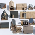 Diverse Architectural Models of Guesthouse Buildings With Wooden Structures And Various Roof Designs