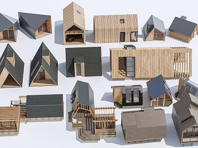 Diverse Architectural Models of Guesthouse Buildings With Wooden Structures And Various Roof Designs 3d model