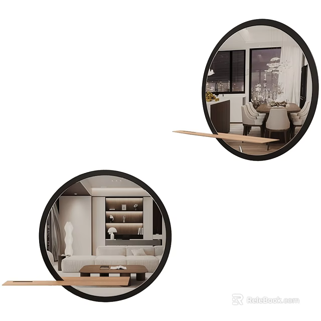 Modern Circular Mirror In Living Room With Sofa And Bookshelf Reflection 3d model