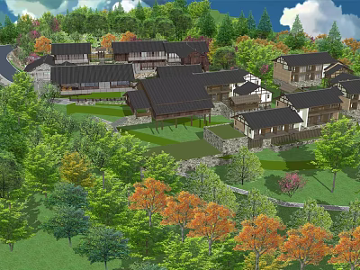 Traditional Guesthouse Buildings Surrounded by Lush Green Trees and Colorful Foliage 3d model
