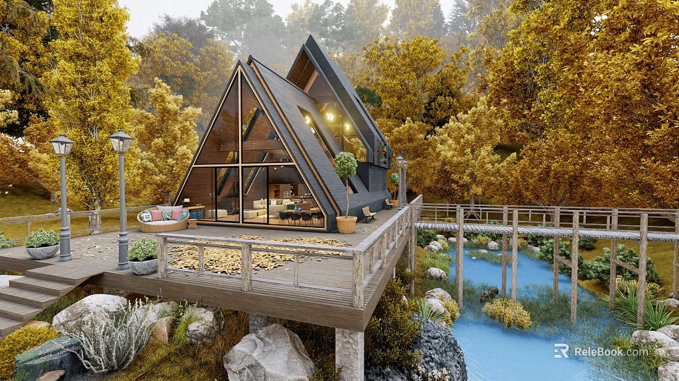 Detached Villa With Triangular Roof Wooden Deck And Autumn Trees By Pond 3d model 