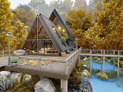 Detached Villa With Triangular Roof Wooden Deck And Autumn Trees By Pond 3d model