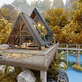 Detached Villa With Triangular Roof Wooden Deck And Autumn Trees By Pond
