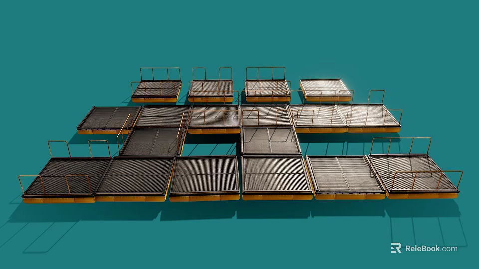 Modular Metal Frame Platforms With Mesh And Wooden Surfaces In Grid Layout 3d model