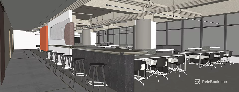 Modern Public Office Space With Open Layout Work Desks Bar Counter And Large Windows 3d model