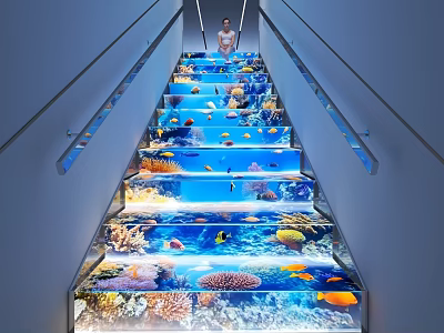 Unique Transparent Staircase With Underwater Aquarium Design Colorful Fish And Coral Reef 3d model