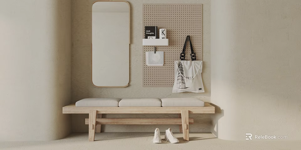 Minimalist Interior Sofa Bench with Mirror Perforated Board Hanging Bag and White Shoes 3d model 