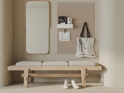 Minimalist Interior Sofa Bench with Mirror Perforated Board Hanging Bag and White Shoes 3d model