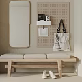Minimalist Interior Sofa Bench with Mirror Perforated Board Hanging Bag and White Shoes
