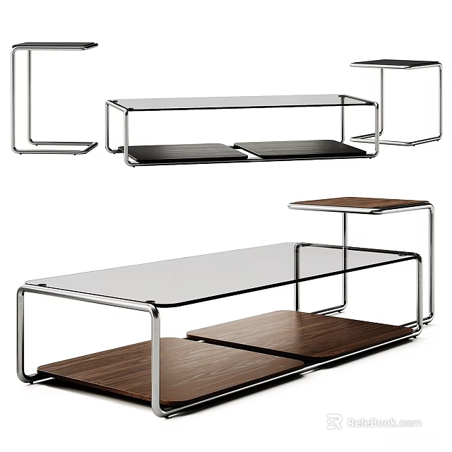 Modern Coffee Table Designs With Glass Top Metal Frame And Wooden Shelves 3d model 