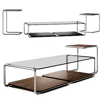 Modern Coffee Table Designs With Glass Top Metal Frame And Wooden Shelves 3d model