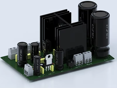 Close Up View Of Green Circuit Board With Capacitors Resistors And Electronic Parts 3d model