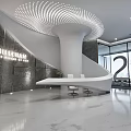 Elegant Modern Reception Desk With White Spiral Structure Marble Floor And Large Windows 3d model