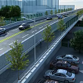 Busy Urban Bridge Featuring Vehicles Driving Parking Lot Below Surrounding Trees And High Rise Buildings