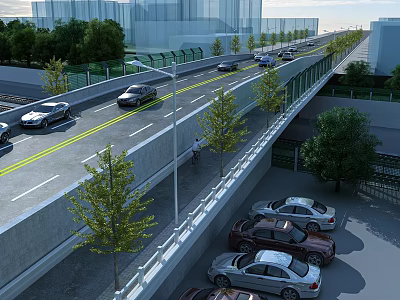 Busy Urban Bridge Featuring Vehicles Driving Parking Lot Below Surrounding Trees And High Rise Buildings 3d model