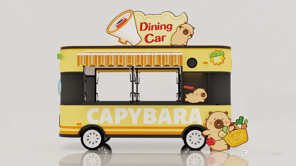 Yellow Capybara Themed Dining Car With Cartoon Design And Decorative Elements 3d model 